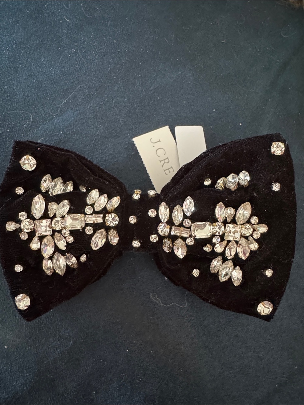 J. Crew Black Velvet Jeweled Bow Hair Barrette with Clear Crystals